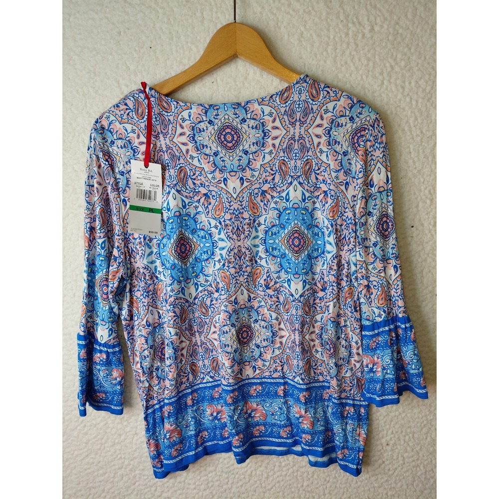 Ruby Rd Womens Blue Paisley Mandala Crochet Split Neck Bell Sleeve Top 42004 LV - Picture 3 of 5